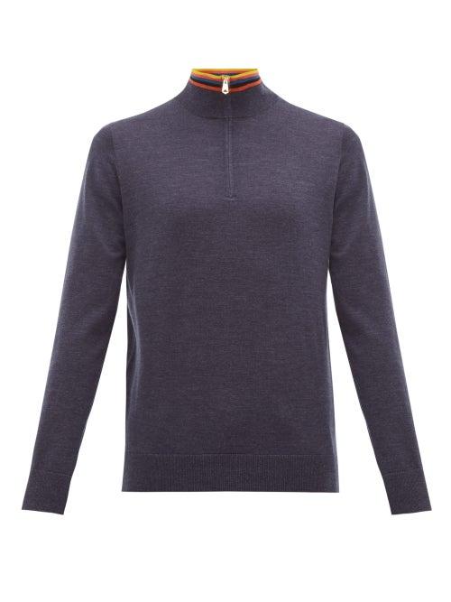 Matchesfashion.com Paul Smith - Artist Stripe-collar Half-zip Merino Wool Sweater - Mens - Navy
