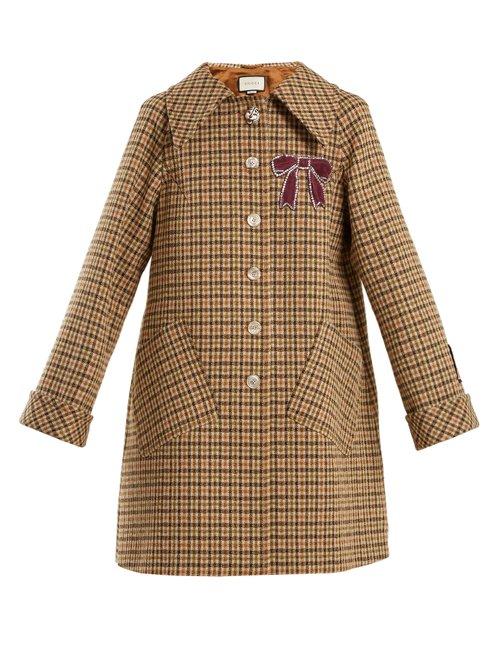 Matchesfashion.com Gucci - Bow Appliqu Single Breasted Checked Coat - Womens - Brown Multi