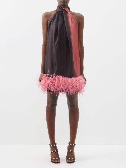 16arlington - Cynthia Feather-trim Satin Mini Dress - Womens - Pink Black