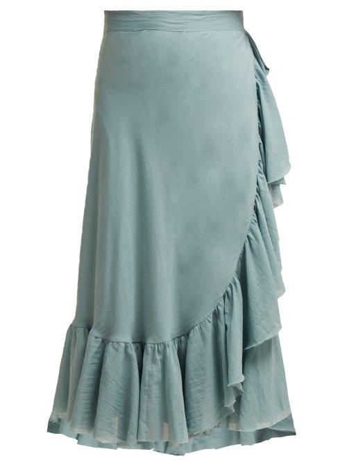 Matchesfashion.com Loup Charmant - Ruffled Wrap Cotton Midi Skirt - Womens - Light Green