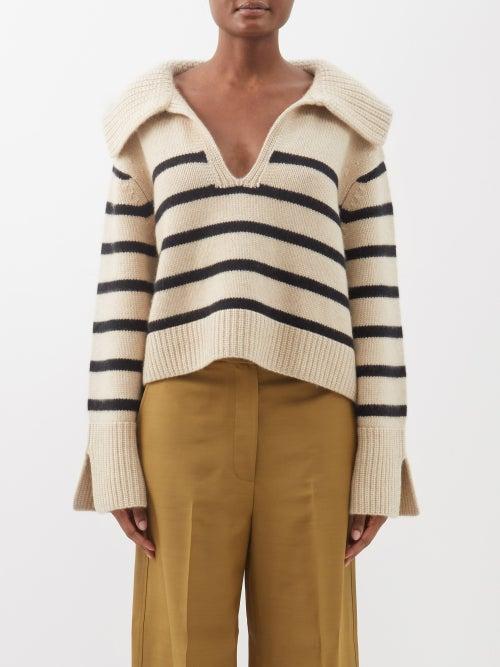 Khaite - Evi Striped Cashmere Polo Sweater - Womens - White Stripe