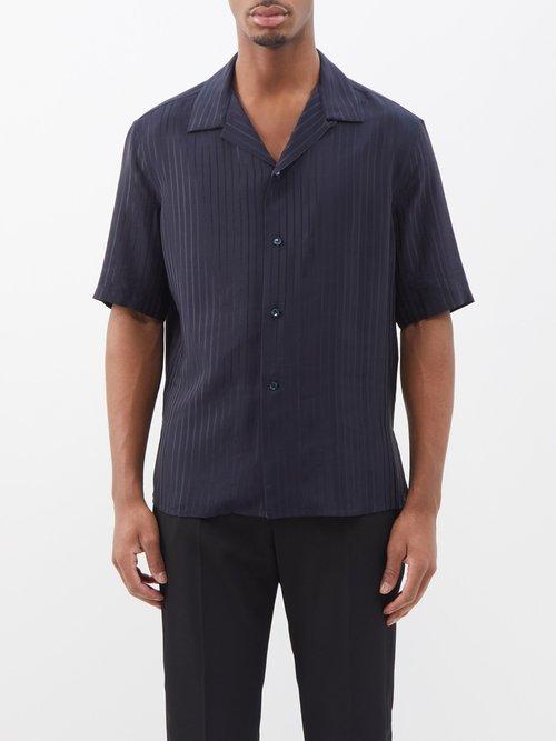 Saint Laurent - Striped Silk-jacquard Shirt - Mens - Midnight Blue