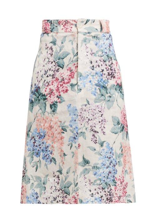 Matchesfashion.com Ephemera - Bloom Floral Print Linen Skirt - Womens - Blue Print