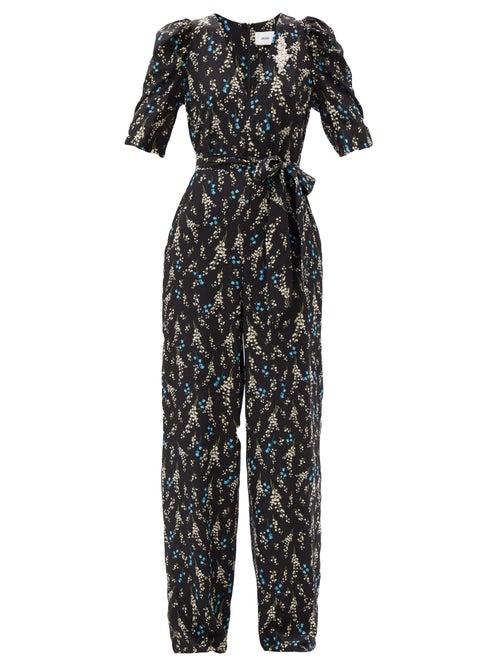 Matchesfashion.com Erdem - Iberis Floral-print Silk Crepe De Chine Jumpsuit - Womens - Black Blue