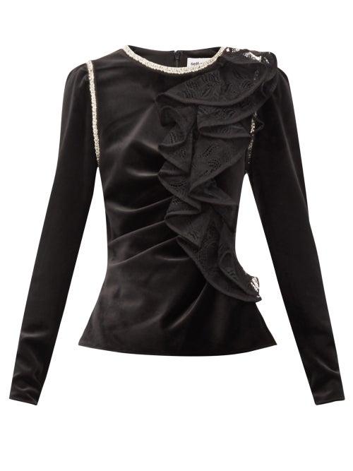 Matchesfashion.com Self-portrait - Crystal-embellished Ruffled Velvet Top - Womens - Black