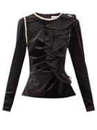 Matchesfashion.com Self-portrait - Crystal-embellished Ruffled Velvet Top - Womens - Black