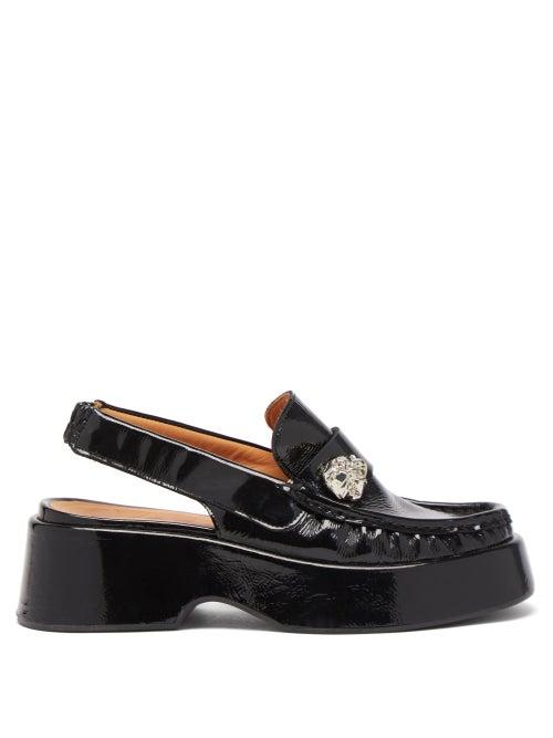 Ganni - Silver-brooch Leather Slingback Loafers - Womens - Black