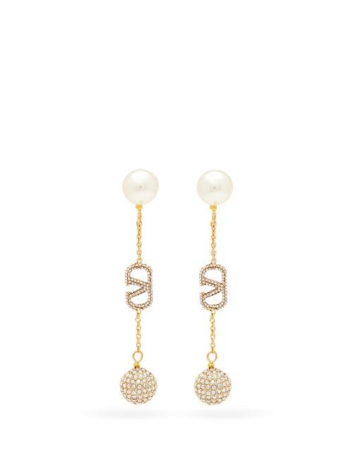 Matchesfashion.com Valentino Garavani - Crystal-embellished V-logo Drop Earrings - Womens - Gold