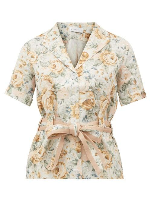 Matchesfashion.com Ephemera - Belted Floral-print Linen Safari Shirt - Womens - Yellow Multi