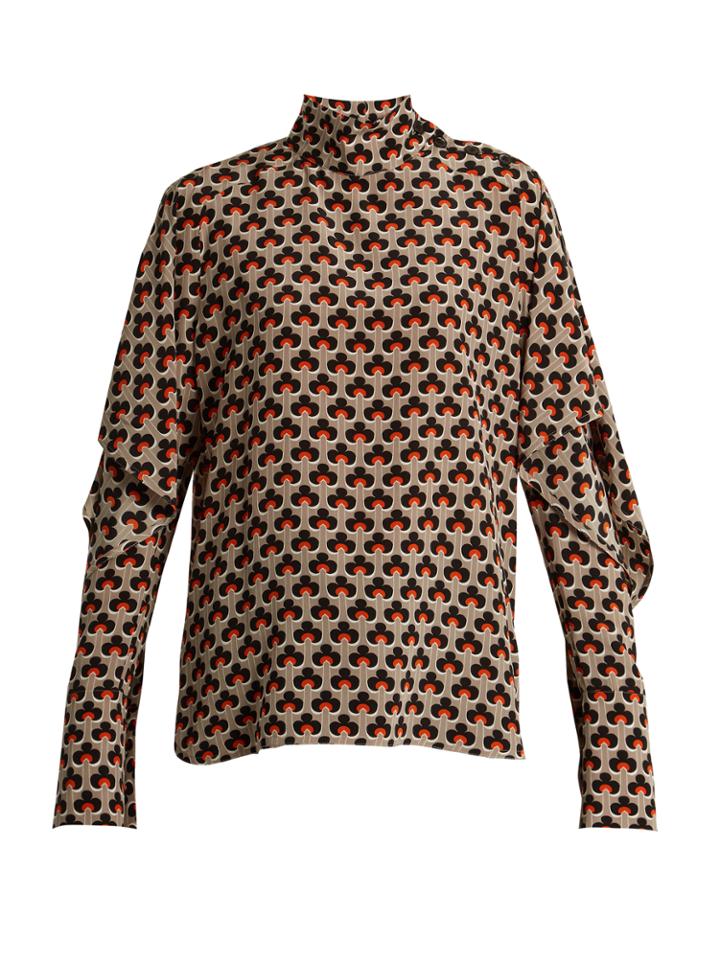 Marni Portrait-print Ruffled-sleeve Silk Blouse