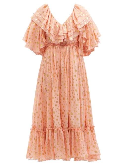 Ladies Beachwear La Doublej - Birthday Ruffled Silk-blend Fil Coup Midi Dress - Womens - Light Pink