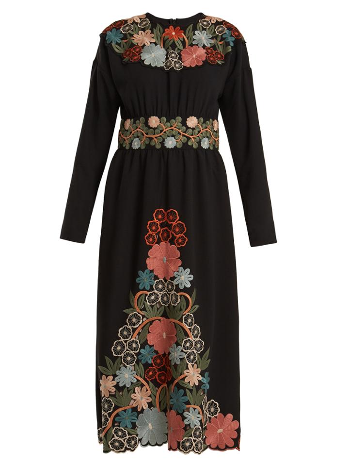 Redvalentino Long-sleeved Floral-embroidered Crepe-cady Dress