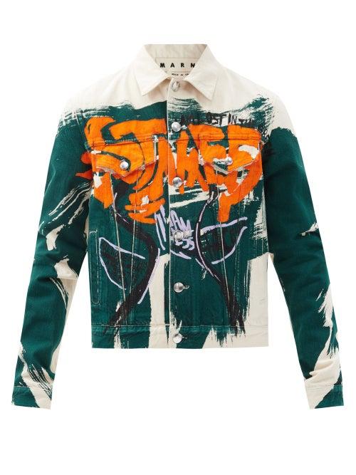 Matchesfashion.com Marni - Manifesto-print Cotton-twill Jacket - Mens - Green Multi