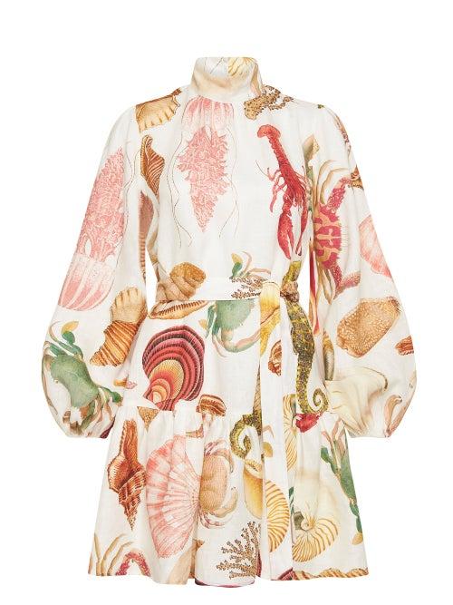 Ladies Beachwear Ale Mais - Atlantis Balloon-sleeve Sealife-print Mini Dress - Womens - White Print