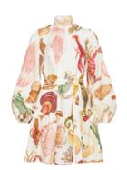 Ladies Beachwear Ale Mais - Atlantis Balloon-sleeve Sealife-print Mini Dress - Womens - White Print