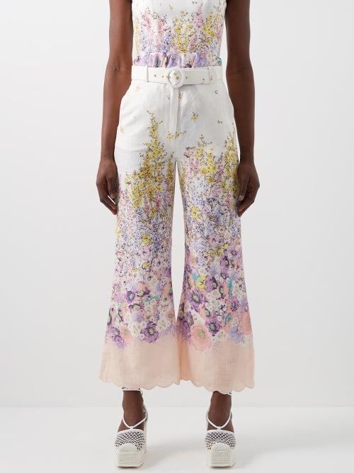 Zimmermann - Jude Flared Floral-print Linen-voile Trousers - Womens - White Multi