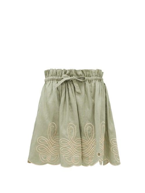 Matchesfashion.com Innika Choo - Min Easkurt Scalloped Linen Skirt - Womens - Light Green
