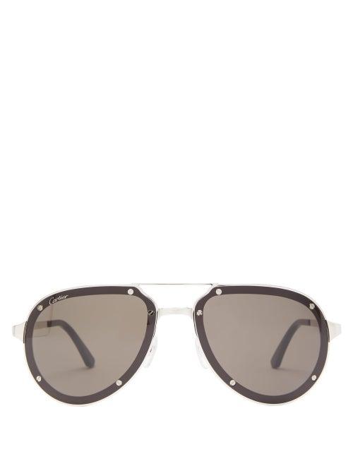 Matchesfashion.com Cartier Eyewear - Santos De Cartier Aviator Brushed Metal Sunglasses - Mens - Silver