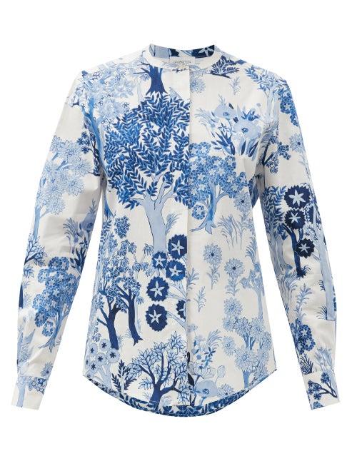 Matchesfashion.com Giambattista Valli - Tree-print Cotton-poplin Shirt - Womens - Blue White