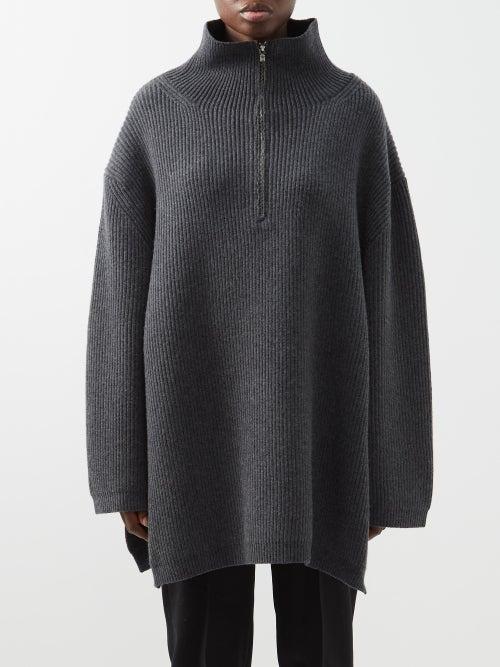 Toteme - Fisherman Zipped Wool-blend Roll-neck Sweater - Womens - Dark Grey