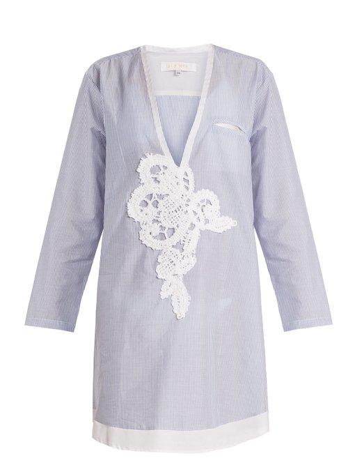 Matchesfashion.com Lila Eugnie - 1817 Deep V Neck Striped Cotton Shirt - Womens - Blue Stripe