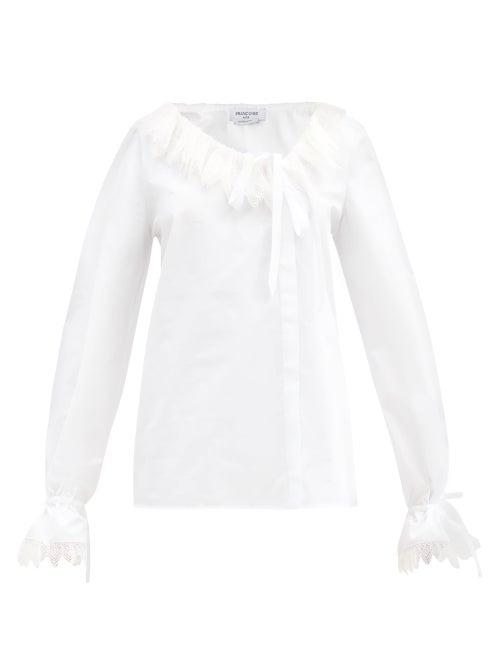 Matchesfashion.com Franoise - Asymmetric Lace-trimmed Cotton-poplin Blouse - Womens - White