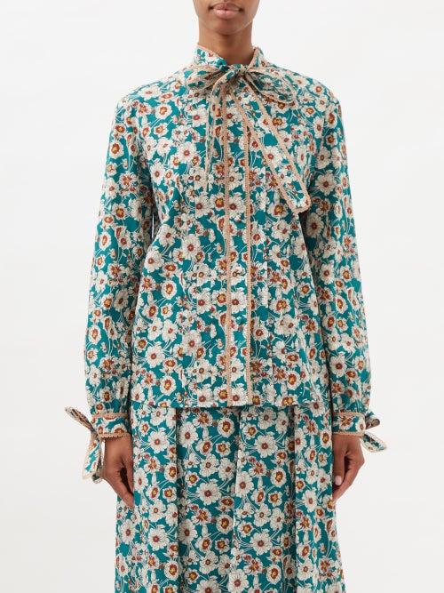 Gucci - Floral-print Cotton Blouse - Womens - Blue Multi
