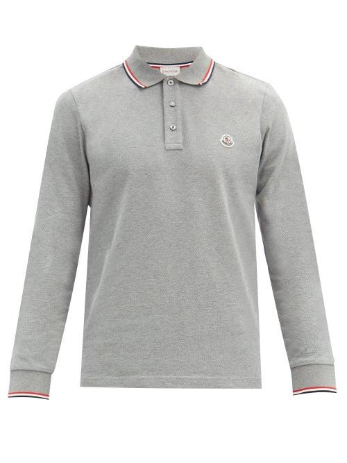 Matchesfashion.com Moncler - Logo Cotton-piqu Long-sleeved Polo Shirt - Mens - Grey