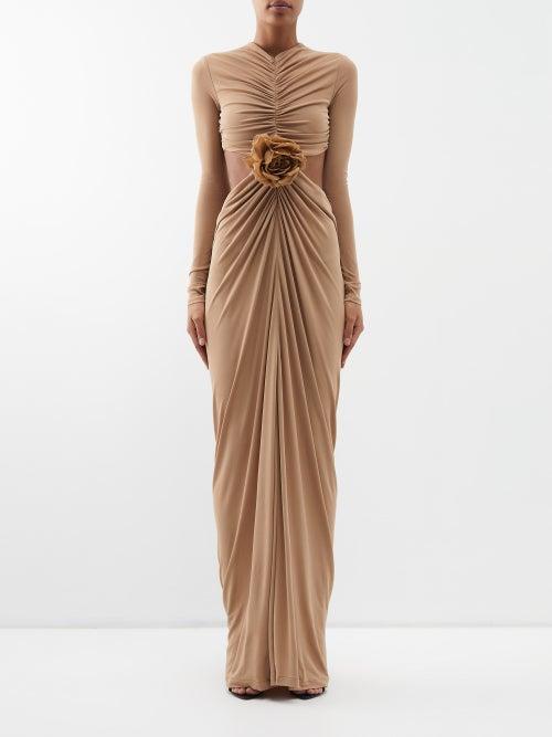 Saint Laurent - Floral-appliqu Cutout Crepe Maxi Dress - Womens - Beige
