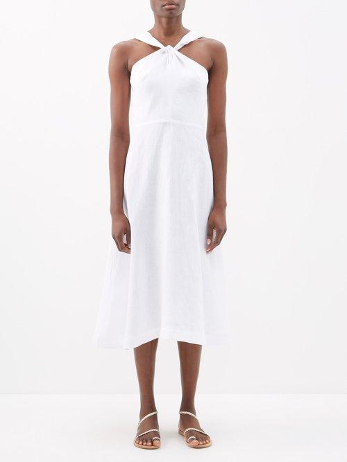 Casa Raki - Rebeca Organic-linen Voile Halterneck Midi Dress - Womens - Optical White