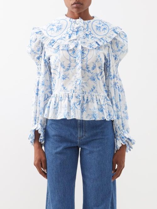 Horror Vacui - Jessie Foliage-print Cotton Blouse - Womens - White Blue