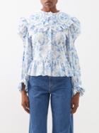 Horror Vacui - Jessie Foliage-print Cotton Blouse - Womens - White Blue