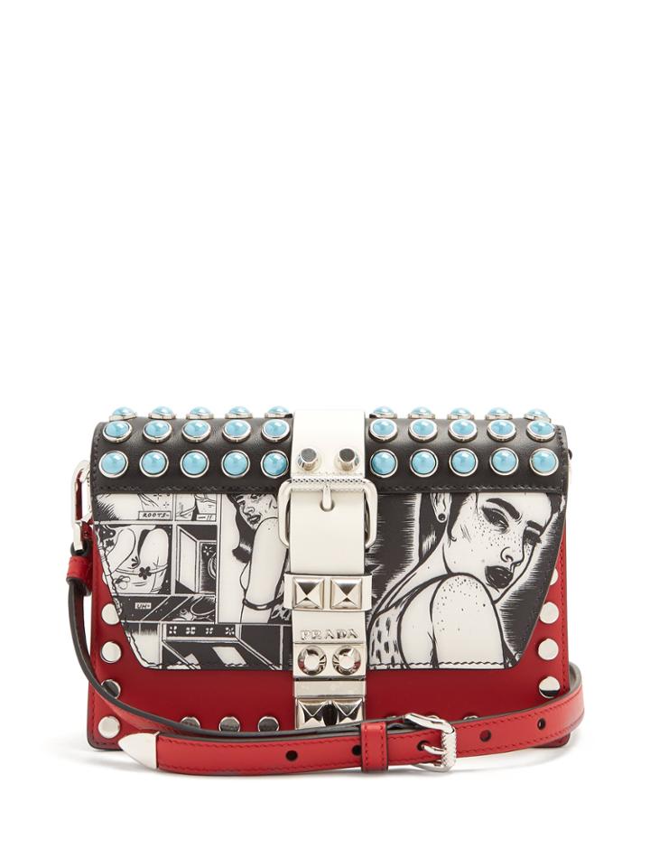 Prada Comic-print Stud-embellished Leather Bag