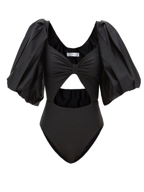 Fe Noel - Puffed-sleeve Cutout Nylon Swimsuit - Womens - Black