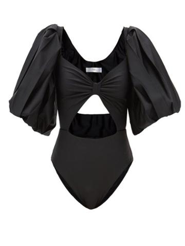 Fe Noel - Puffed-sleeve Cutout Nylon Swimsuit - Womens - Black