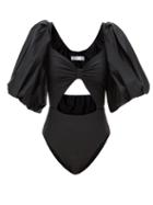 Fe Noel - Puffed-sleeve Cutout Nylon Swimsuit - Womens - Black