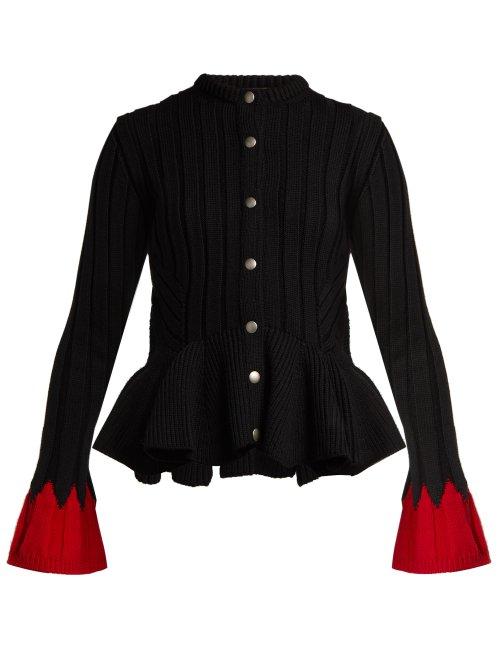 Matchesfashion.com Alexander Mcqueen - Peplum Hem Wool Blend Cardigan - Womens - Black Red