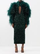 Germanier - Feather-trim Cutout Sequinned Midi Dress - Womens - Dark Green