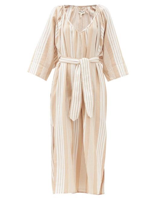 Matchesfashion.com Mara Hoffman - Luz Gathered V-neck Tencel-blend Midi Dress - Womens - Beige Stripe