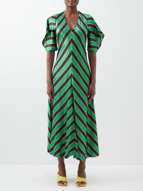 Lee Mathews - Simpson Striped Silk-satin Midi Dress - Womens - Green
