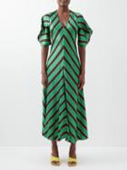 Lee Mathews - Simpson Striped Silk-satin Midi Dress - Womens - Green