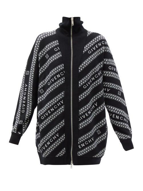 Matchesfashion.com Givenchy - Chain Logo-jacquard High-neck Zipped Wool Cardigan - Womens - Black White