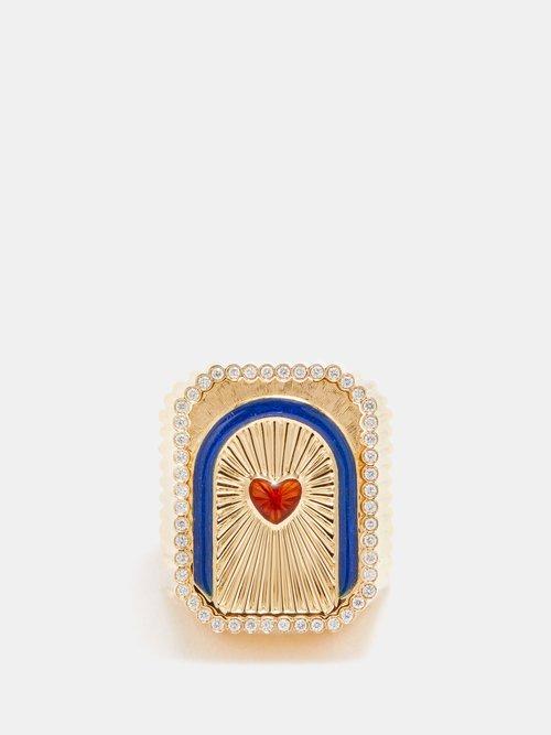 Marie Lichtenberg - Scapular Diamond, Enamel & 18kt Gold Ring - Womens - Blue Multi