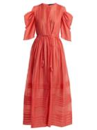 Matchesfashion.com Anna October - Pintuck Gathered Sleeve Tie Waist Dress - Womens - Red