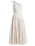 Matchesfashion.com Emilia Wickstead - Simone One Shoulder Linen Maxi Dress - Womens - Pink Print