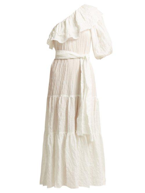 Matchesfashion.com Lisa Marie Fernandez - Arden One Shoulder Cotton Blend Seersucker Dress - Womens - White Stripe