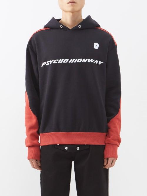 Youths In Balaclava - Psycho Highway-print Fleeceback Cotton Hoodie - Mens - Black Red