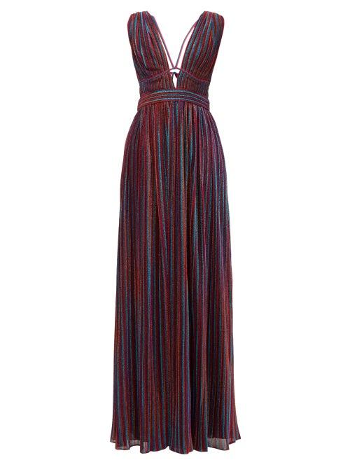 Matchesfashion.com Jonathan Simkhai - Striped Plunging V Neck Pleated Lam Maxi Dress - Womens - Multi