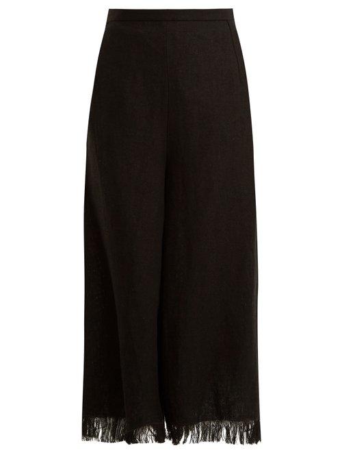 Matchesfashion.com Andrew Gn - Wide Leg Frayed Cuff Linen Cropped Trousers - Womens - Black
