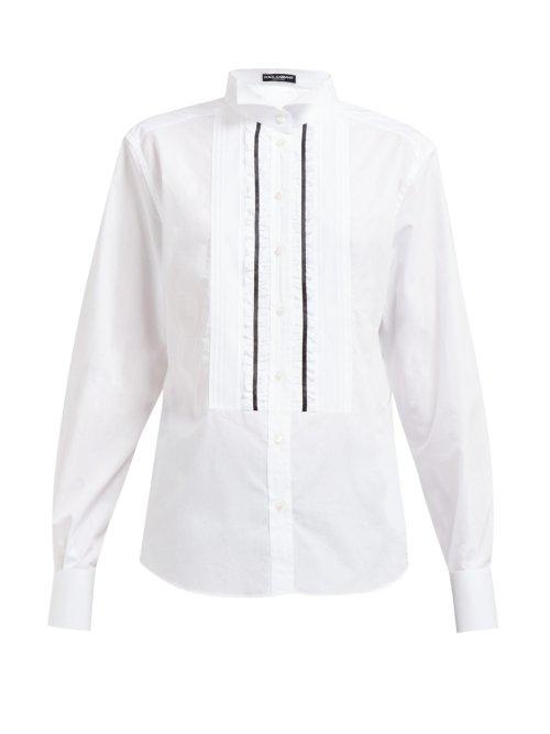 Matchesfashion.com Dolce & Gabbana - Wing Collar Ruffled Cotton Blend Shirt - Womens - White
